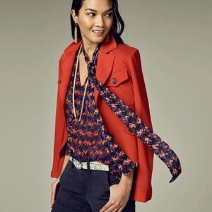 CAbi Bonus Patterned Short Sleeve Blouse V Neck Belt Neck Tie Abstract Camo